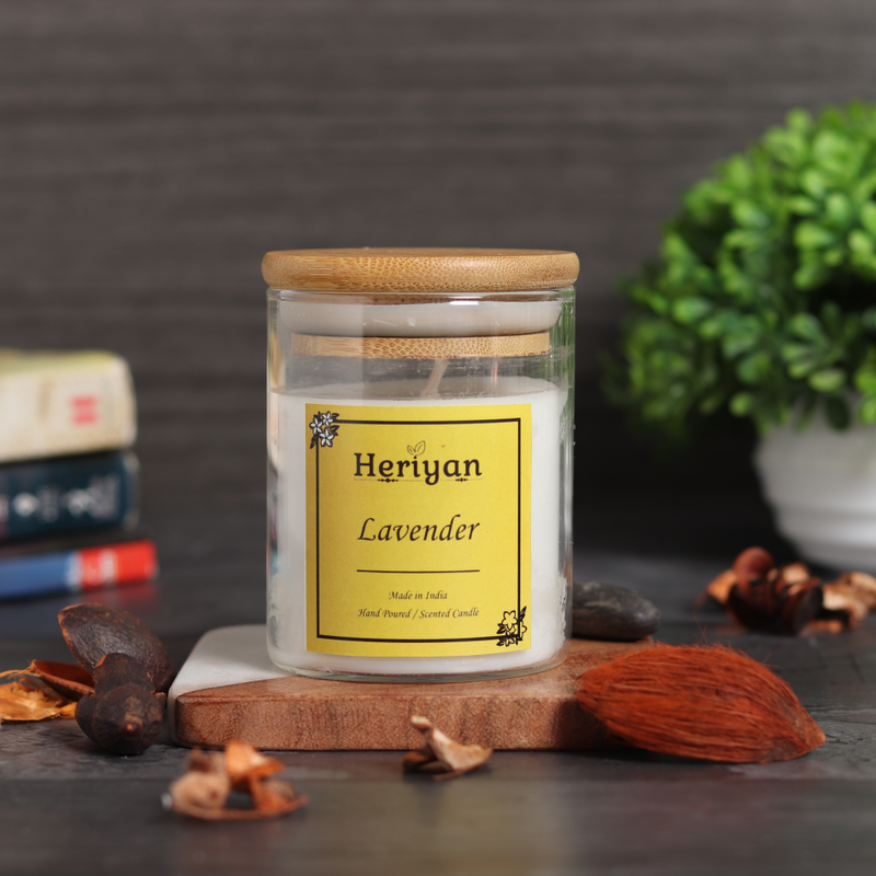 Heriyan Scented Candles Soy Wax | Highly Fragranced Glass jar with Wooden Lid | Up to 40 Hrs Burning Time (Lavender)